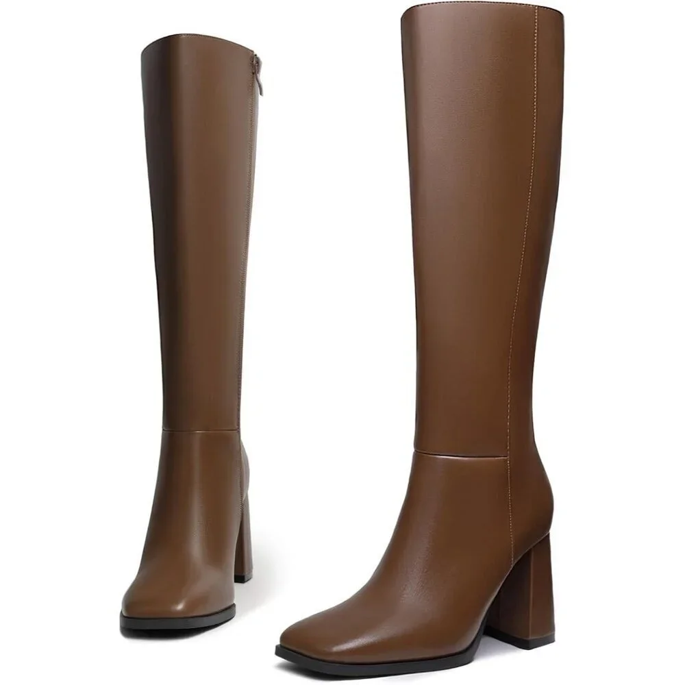 🆕Women's Faux Leather Tan Square Toe Side Zipper Chunky Heel Knee High Boots